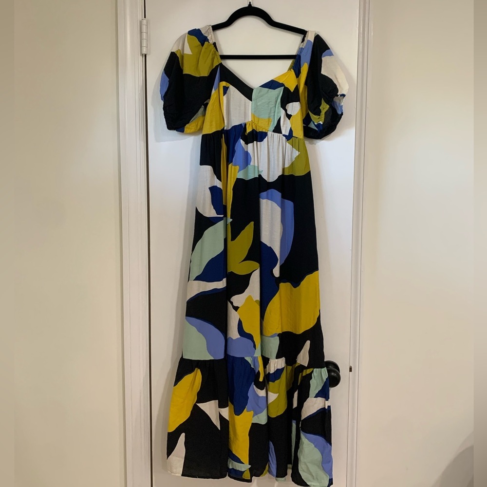 Nine West NWT Abstract Artsy Babydoll Maxi Dress Ruffle Hem Size XS Colorful - Picture 2 of 13